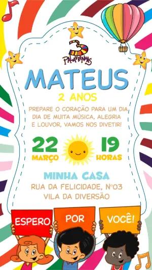 Convite de Aniversário 3 Palavrinhas Colorido para Editar