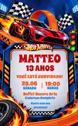 Convite de Aniversário Hot Wheels: Modelo Digital para Editar
