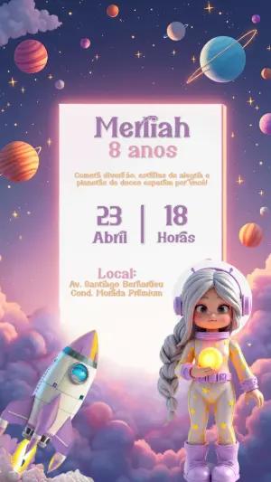 Convite Aniversário Astronauta Menina para Editar Online