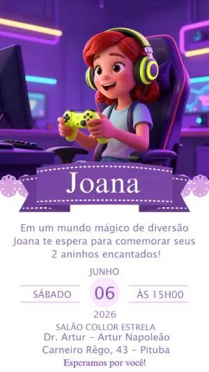 Convite de Aniversário Gamer Menina Roxo e Neon para Editar