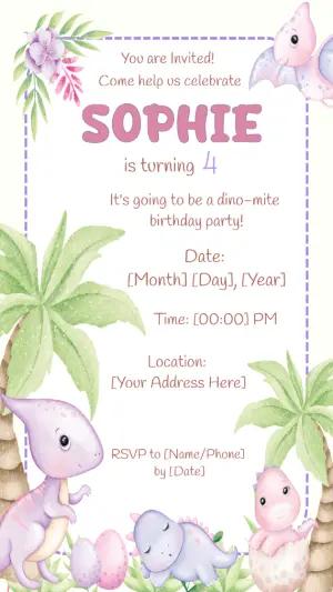 Cute Dinosaur Girl's Birthday Invitation Editable Template