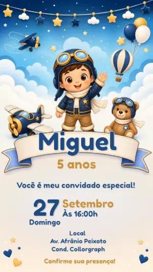 Convite de Aniversário Aviador | Modelo Digital para Editar