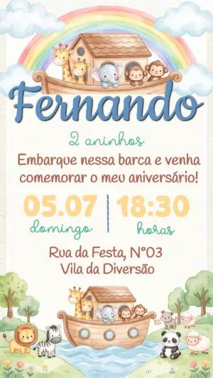 Convite de Aniversário Arca de Noé Fofo para Editar