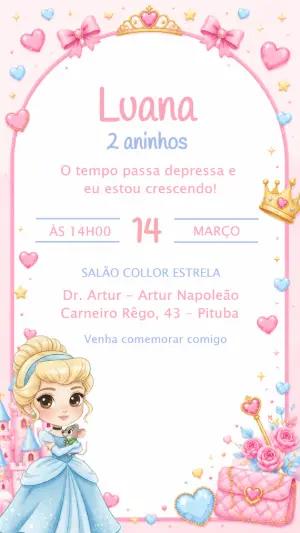 Convite de Aniversário Princesa Cinderela Rosa Editável