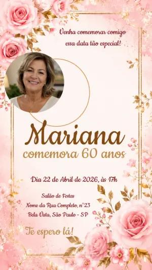 Convite de Aniversário 60 Anos Floral Rosa e Dourado para Editar