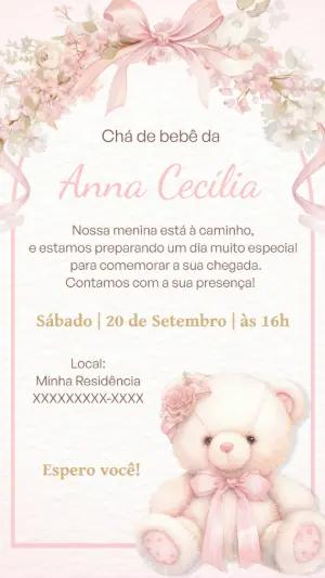 Convite Chá de Bebê Ursinha com Flores para Editar Online