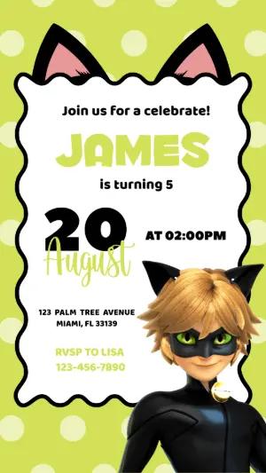 Cat Noir Superhero Birthday Invitation - Editable Template