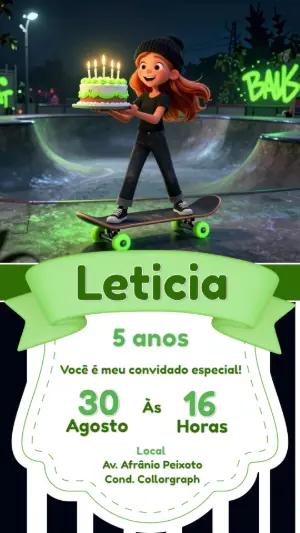Convite de Aniversário Skate Radical Menina 3D para Editar