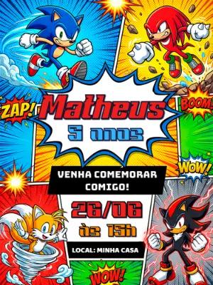 Convite de Aniversário Sonic Estilo Quadrinhos para Editar