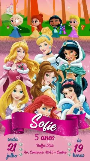 Convite Animado Aniversário Princesas Disney para Editar Online