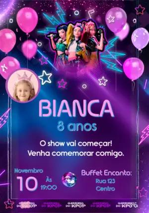 Convite Aniversário K-Pop Guerreiras com Foto para Editar Online