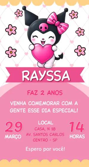 Convite de Aniversário Kuromi Rosa e Preto para Editar