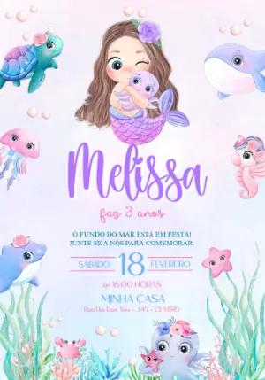 Convite de Aniversário Sereia Fundo do Mar Aquarela Editável