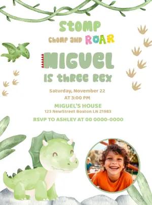 Dinosaur 'Three Rex' Birthday Invitation Editable Template with photo