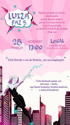 Convite de Aniversário Super-Heroína Rosa Modelo Editável