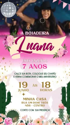 Convite Animado Aniversário Boiadeira Rosa para Editar