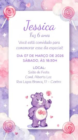 Convite de Aniversário Ursinho Roxo e Doces Modelo Editável