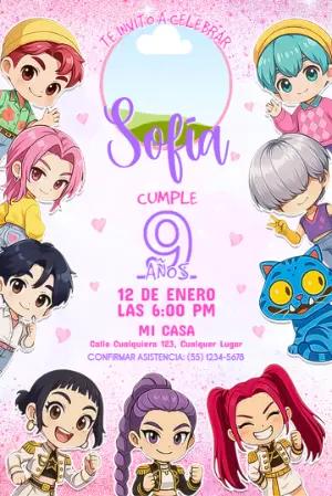 Invitación de Cumpleaños Las Guerreras K-Pop Modelo para Editar
