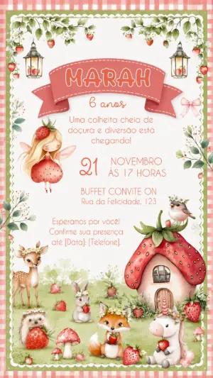 Convite de Aniversário Encantado Morango Editável