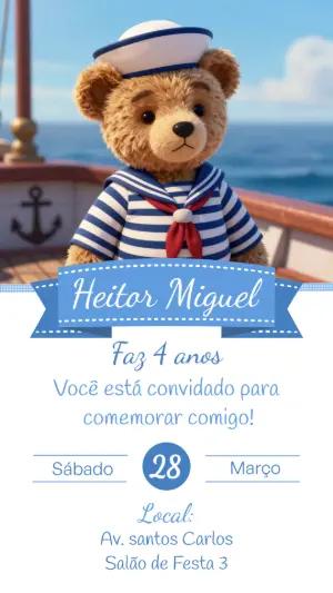 Convite de Aniversário Urso Marinheiro Fofo para Editar