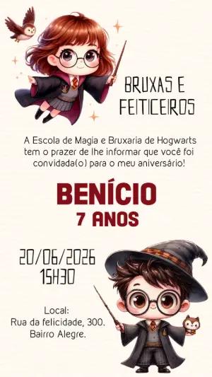 Convite Aniversário Harry Potter e Hermione Infantil Editável