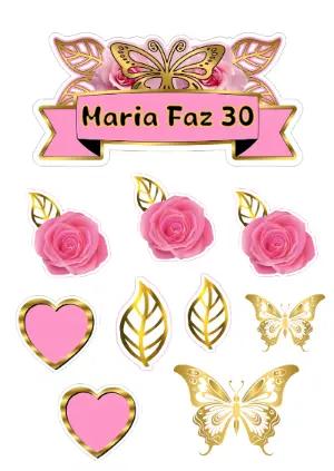 Topo de Bolo Rosas e Borboletas Douradas para Editar Online