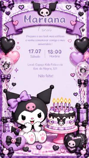 Convite de Aniversário Kuromi Gótico Fofo Editável