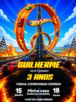 Convite de Aniversário Hot Wheels Carros de Corrida Editável