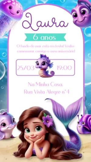 Convite de Aniversário Sereia Fundo do Mar Roxo Editável