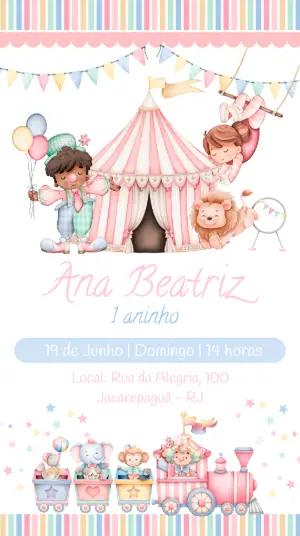 Convite de Aniversário Circo Rosa para Editar Online
