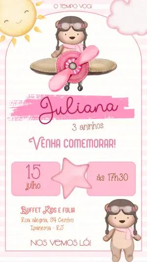 Convite de Aniversário Ursinha Aviadora Rosa para Editar