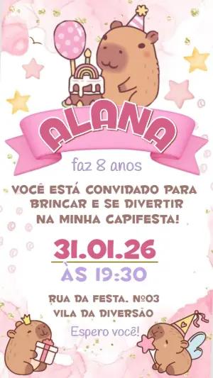 Convite de Aniversário Capivara Rosa Editável para Festa
