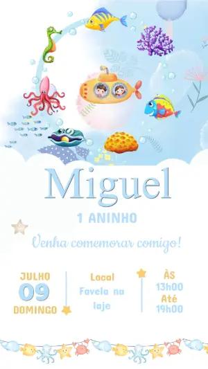 Convite Aniversário Fundo do Mar com Submarino para Editar