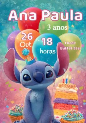 Convite de Aniversário Stitch Fofo e Colorido para Editar