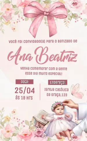 Convite de Batizado Floral Rosa Delicado para Editar