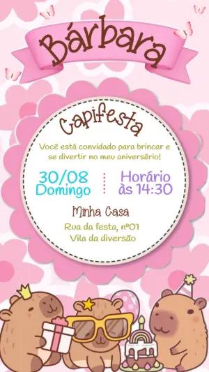 Convite de Aniversário Capivara Rosa Fofo para Editar Online