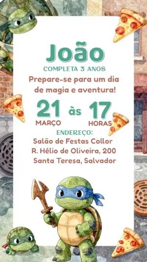 Convite de Aniversário Tartarugas Heróis Aquarela para Editar