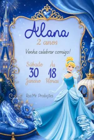 Convite de Aniversário Cinderela Azul e Dourado para Editar