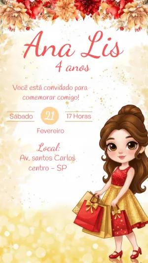 Convite de Aniversário Menina Fashion Floral Dourado Editável