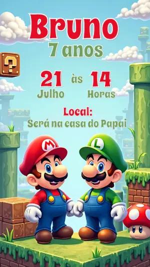 Convite Digital Mario Bros para Aniversário Editável Online