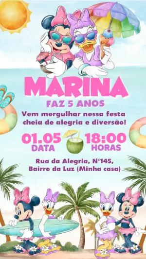Convite de Aniversário Minnie e Margarida Praia Editável