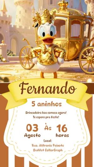 Convite Aniversário Pato Donald Príncipe Dourado Editável
