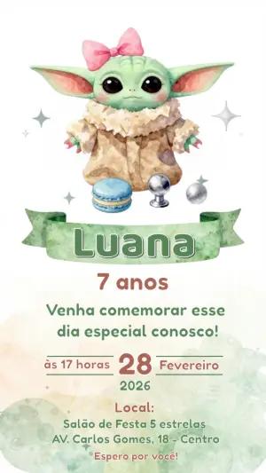 Convite de Aniversário Baby Yoda Menina Fofo para Editar