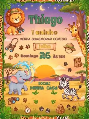 Convite Digital Aniversário Infantil Tema Safari Editável