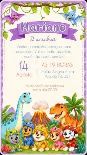 Convite Animado Patrulha Canina Dino Rescue e Dinossauros Editável