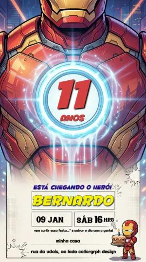 Convite de Aniversário Homem de Ferro Editável Estilo HQ