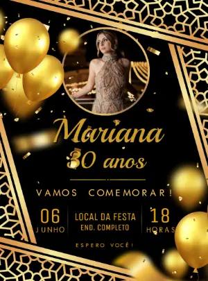 Convite de Aniversário Elegante Preto e Dourado para Editar