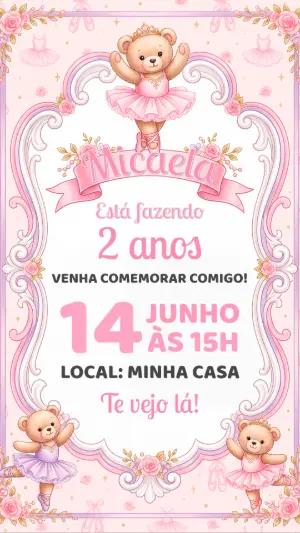 Convite de Aniversário Ursinha Bailarina Rosa Modelo Editável
