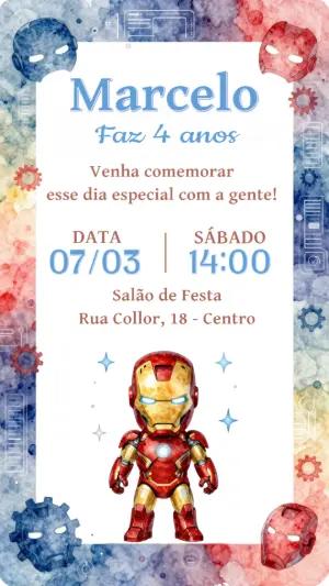 Convite de Aniversário Homem de Ferro Aquarela para Editar