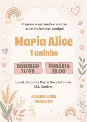 Convite de Aniversário Boho Arco-Íris Editável para Menina